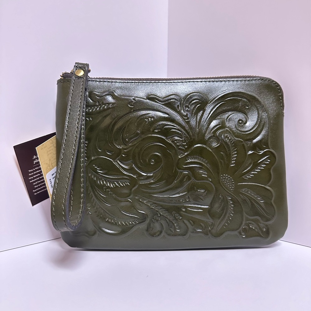 Patricia Nash Large Wrislet, Olive Green with Embossed Floral Design, NWT